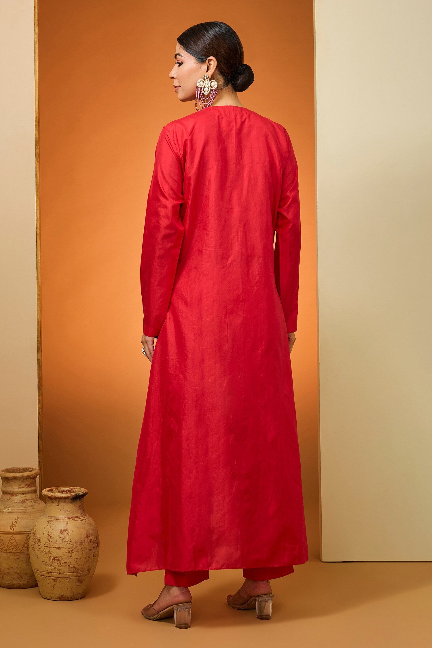 Red Silk Crepe Sequins Beads Embroidery Asymmetric Kurta And Pant Set