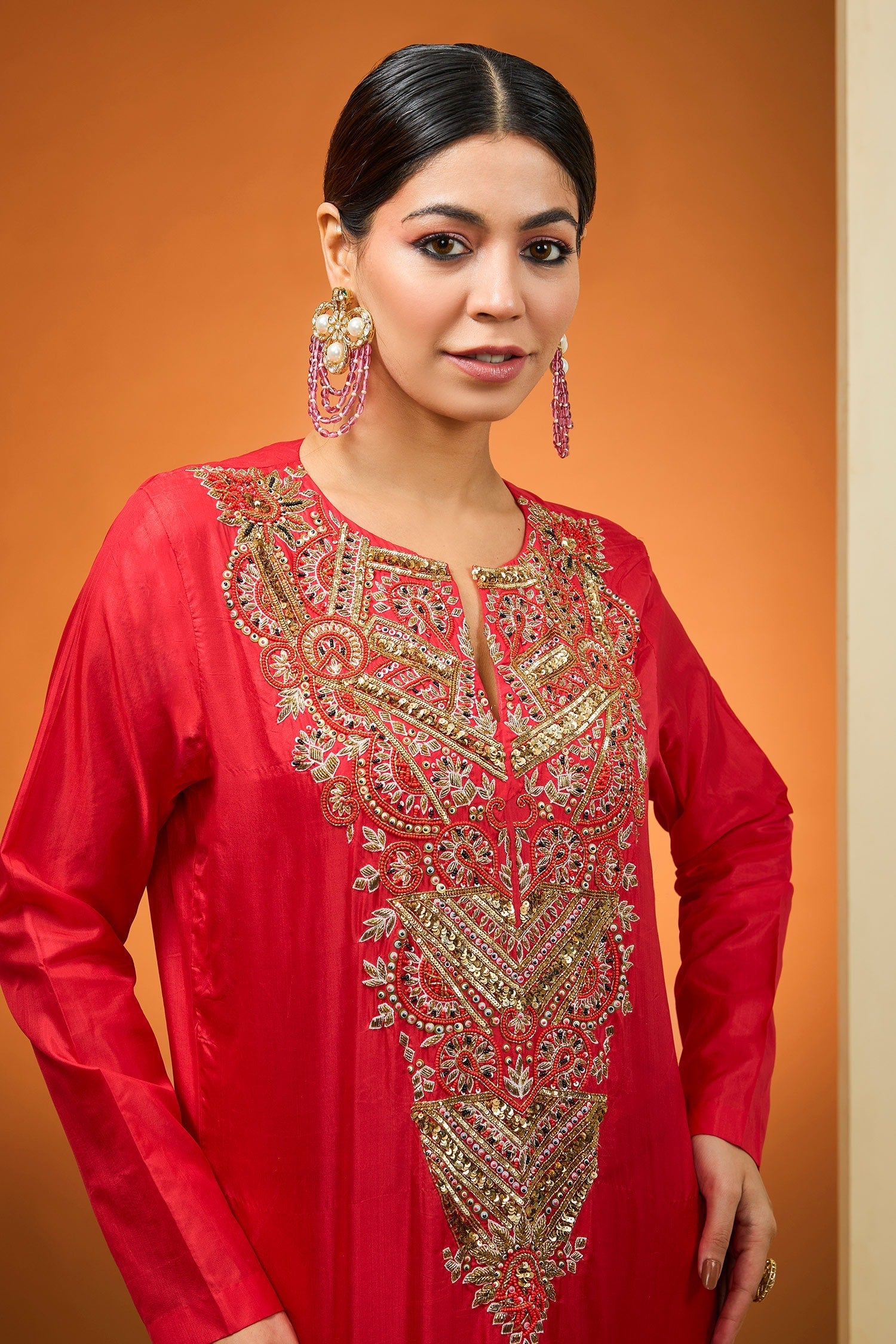 Red Silk Crepe Sequins Beads Embroidery Asymmetric Kurta And Pant Set