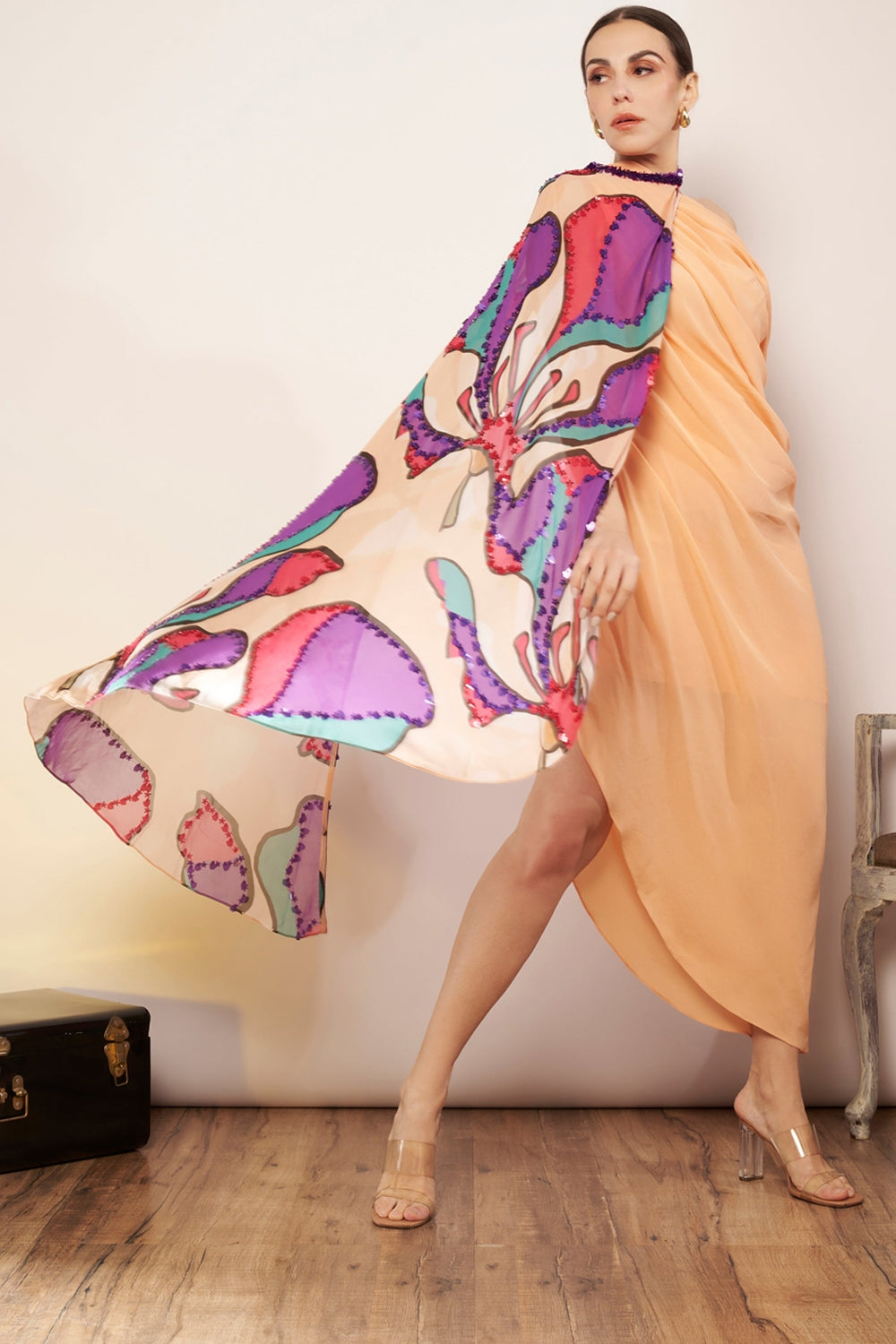 Peach Fuzz One Shoulder Dress with Sleeves