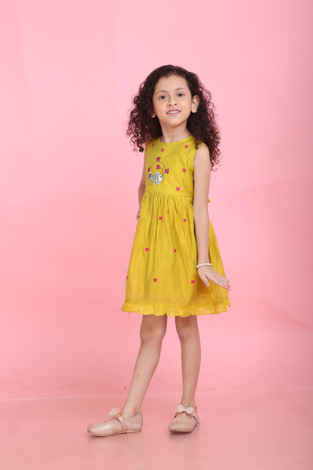 MUSTARD PICHWAI FISH AND LOTUS DRESS