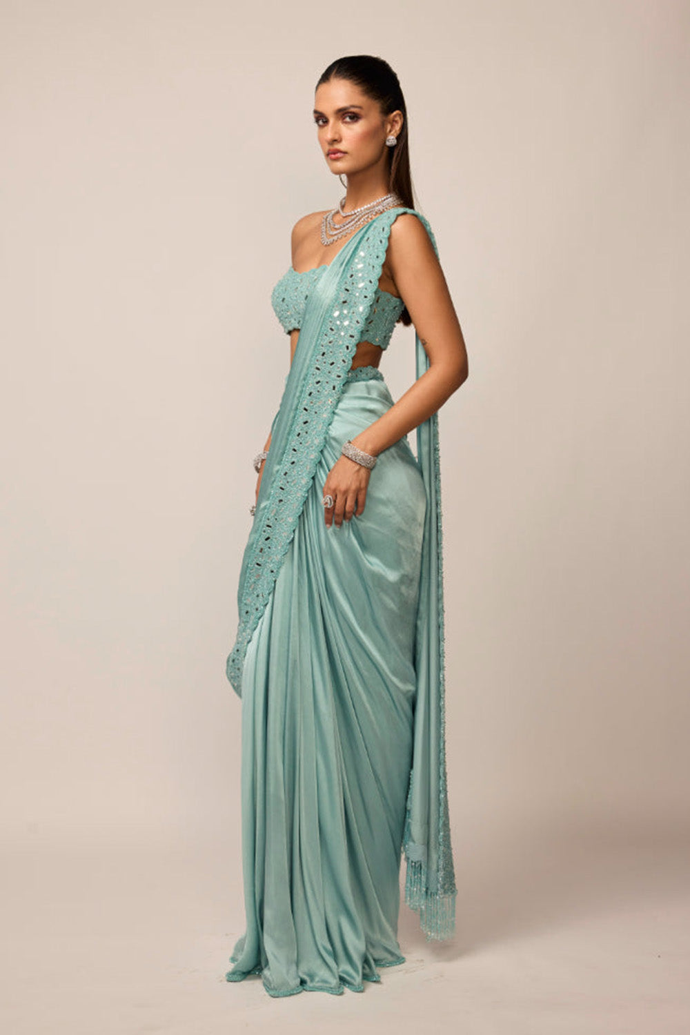 Powder Blue Satin Draped Saree Set