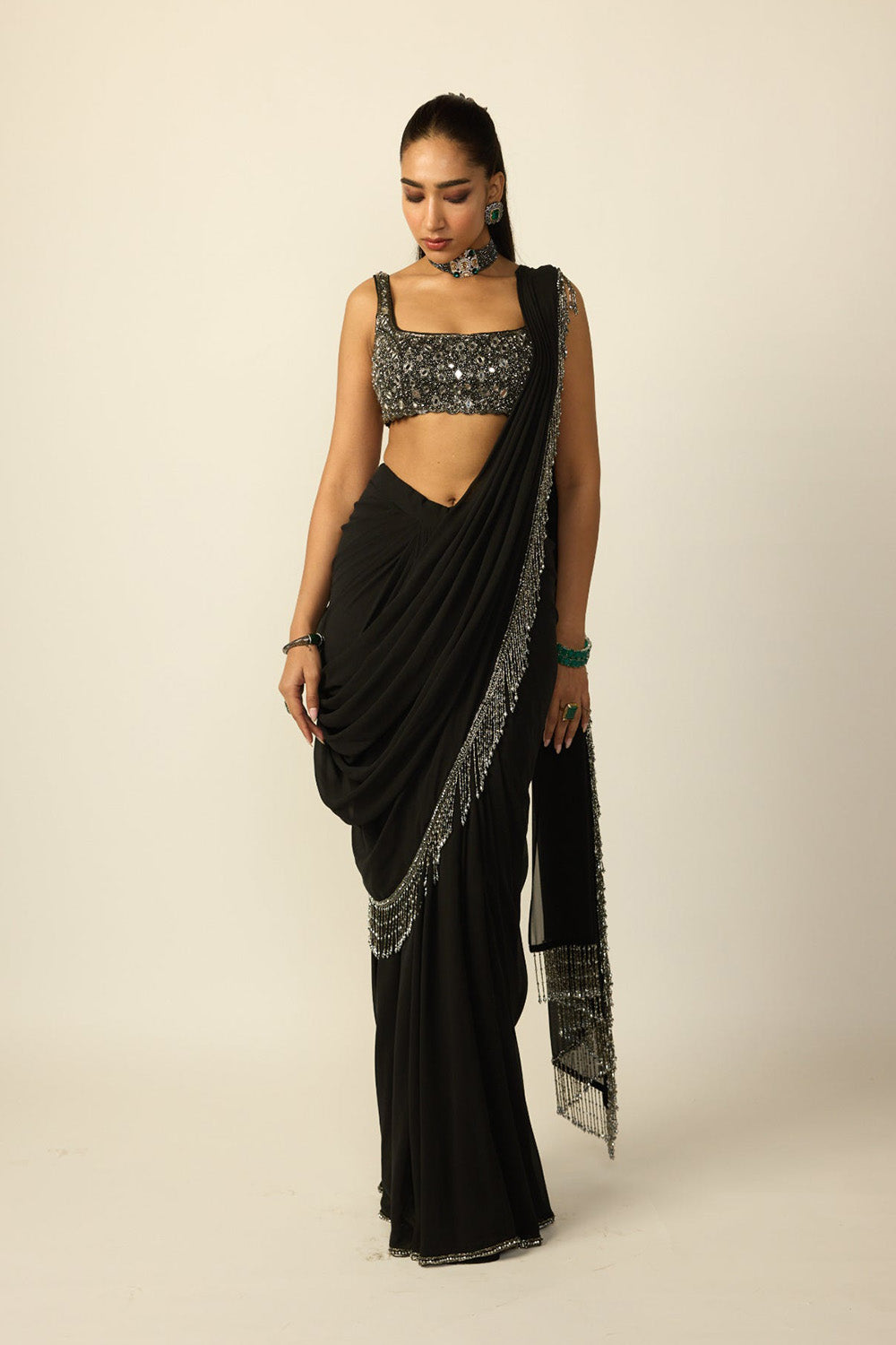 Black Georgette Tassel Saree