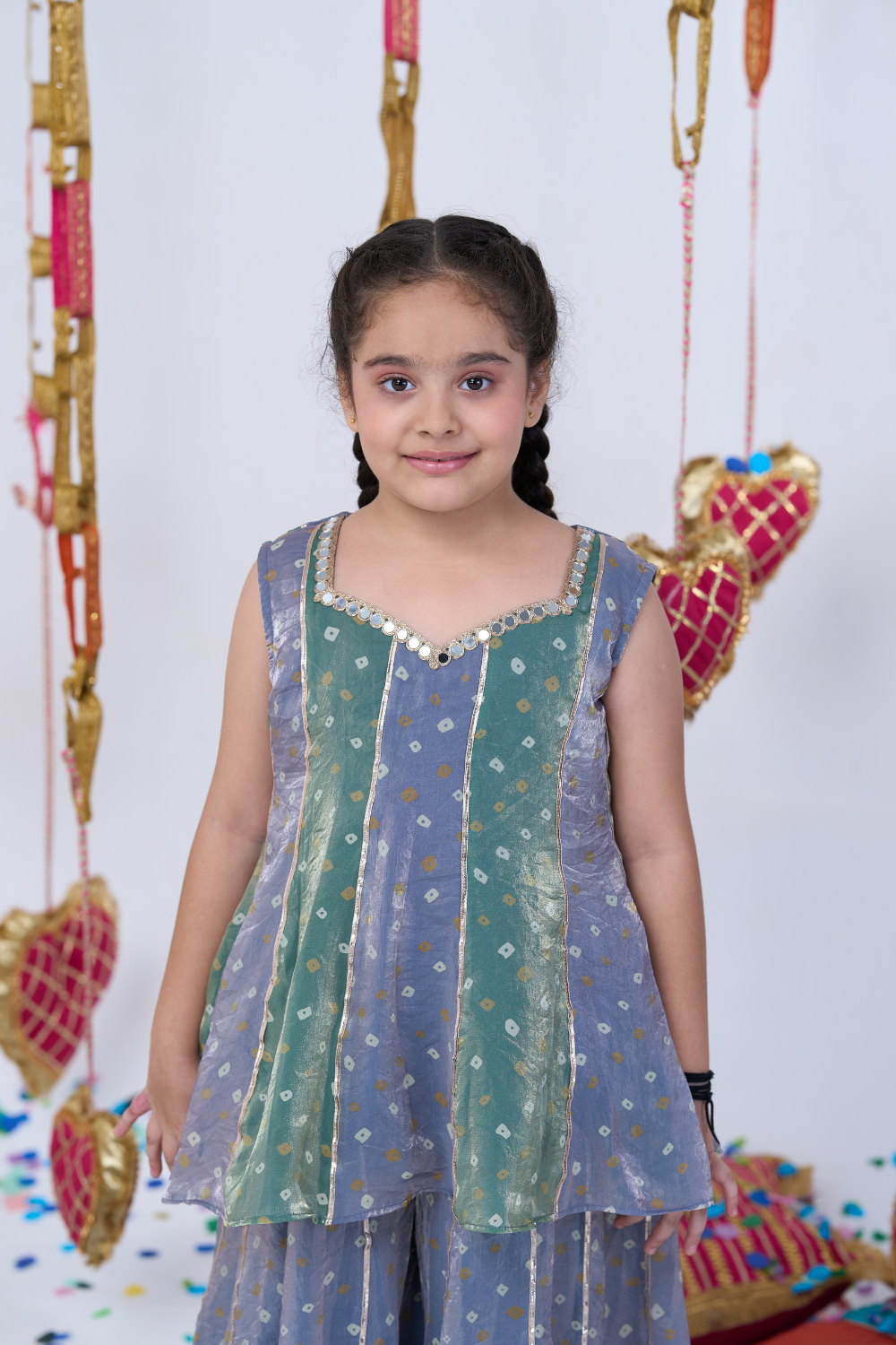 GREEN AND GREY BANDHANI SHARARA