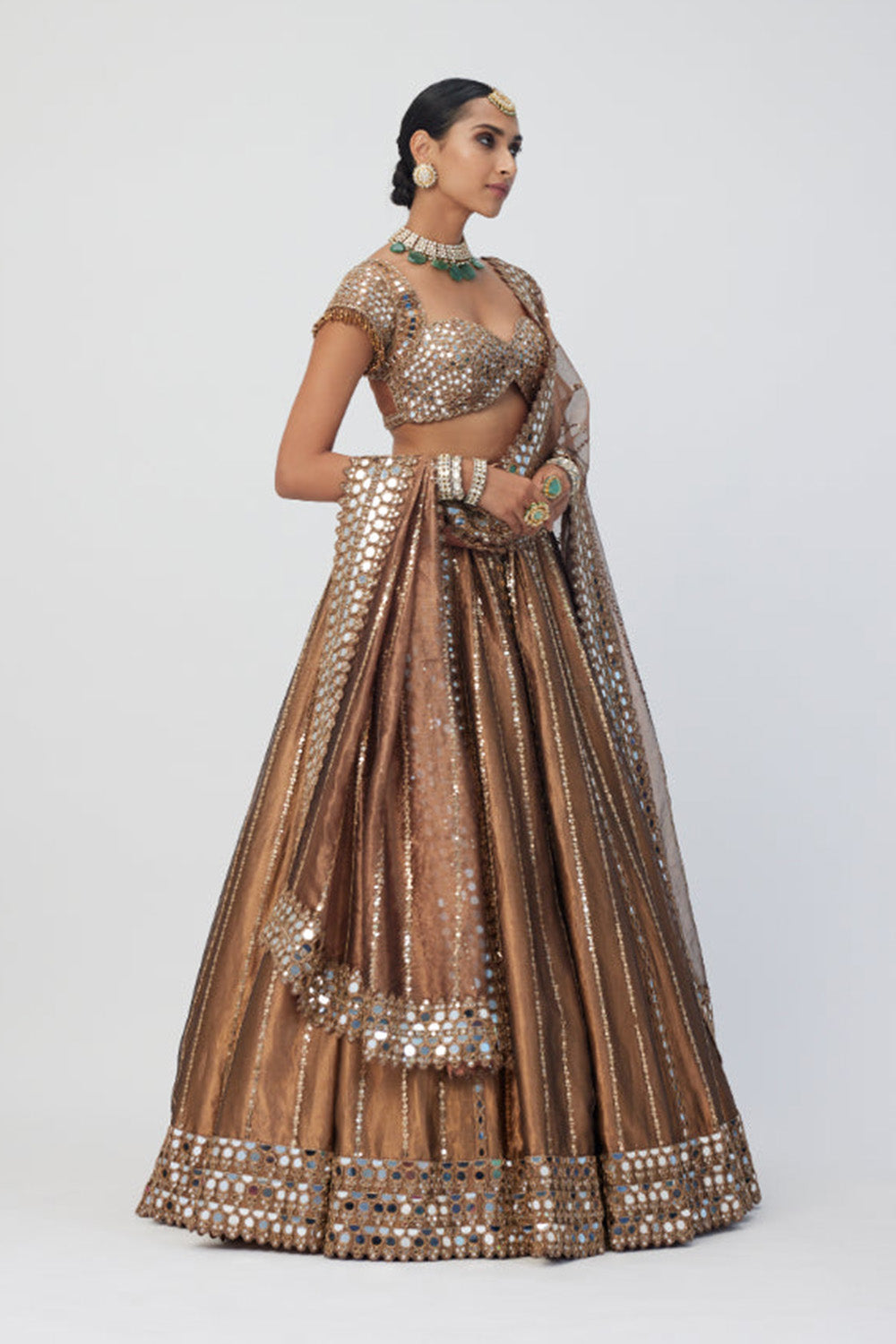 Copper Shimmer Organza Linear Lehenga Set