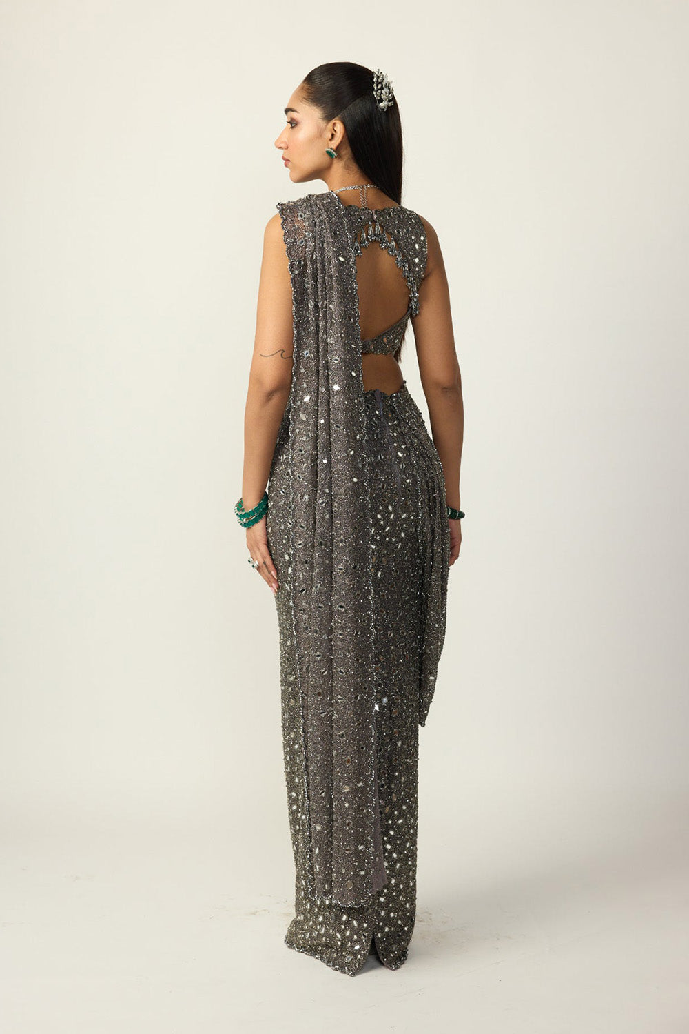 Metallic Grey Draped Saree Set