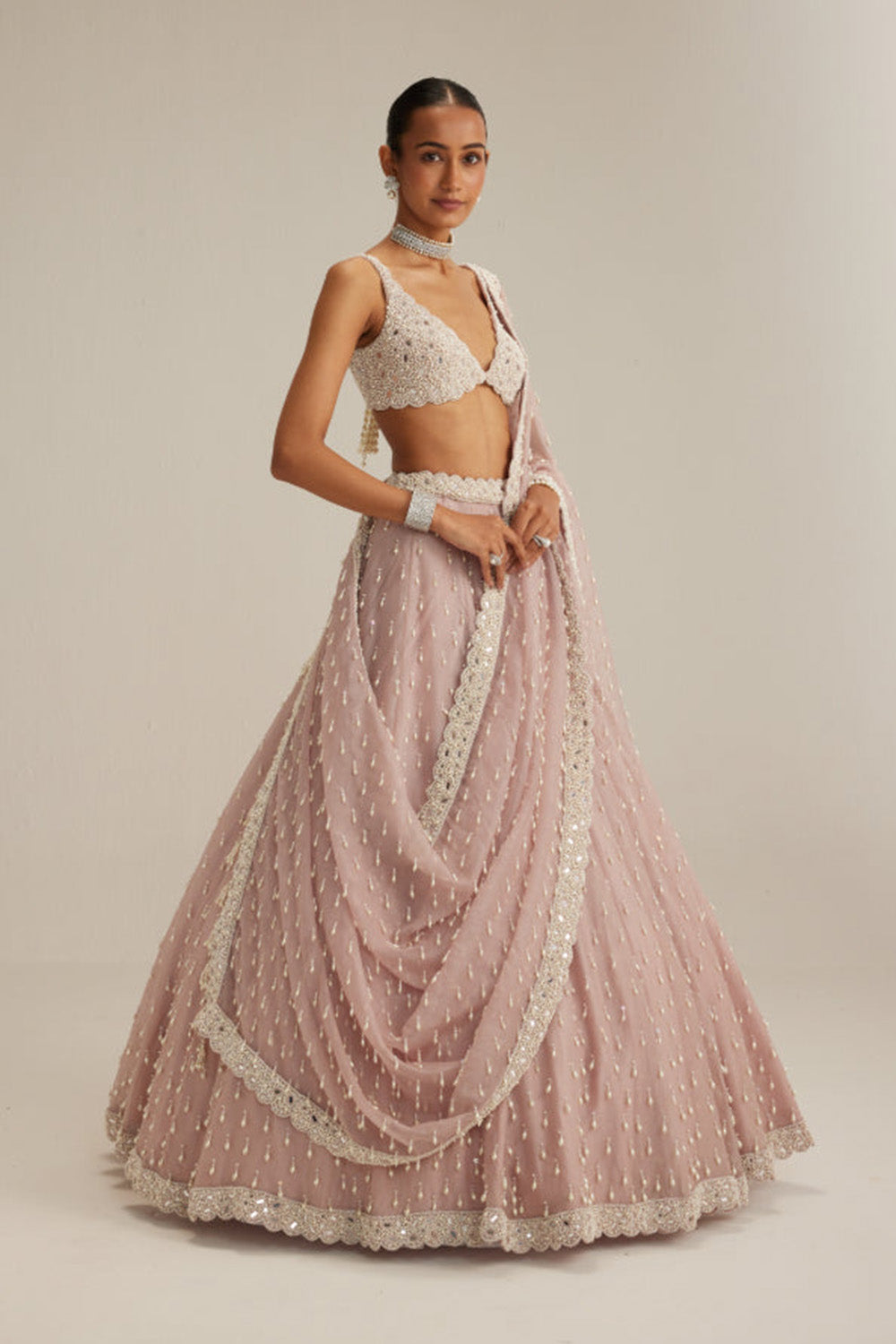 Ash Pink Pearl Drop Organza Lehenga Set