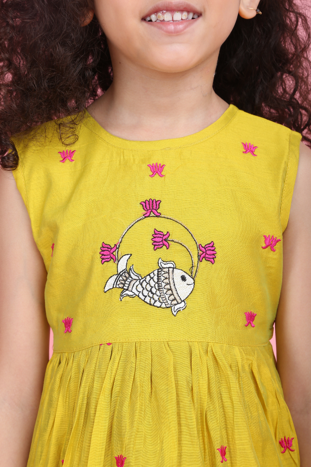 MUSTARD PICHWAI FISH AND LOTUS DRESS