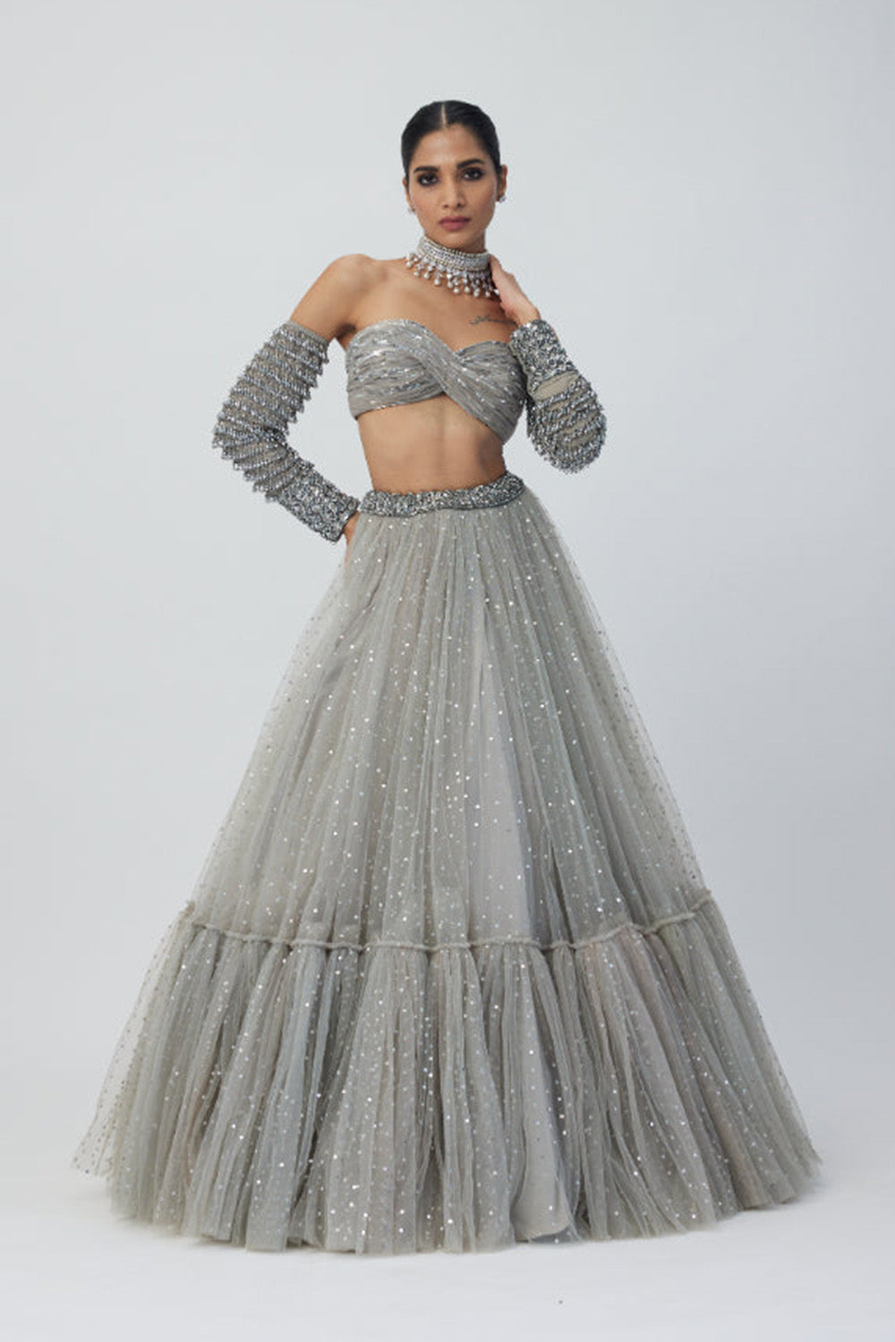 Crystal Grey Tulle Lehenga Set