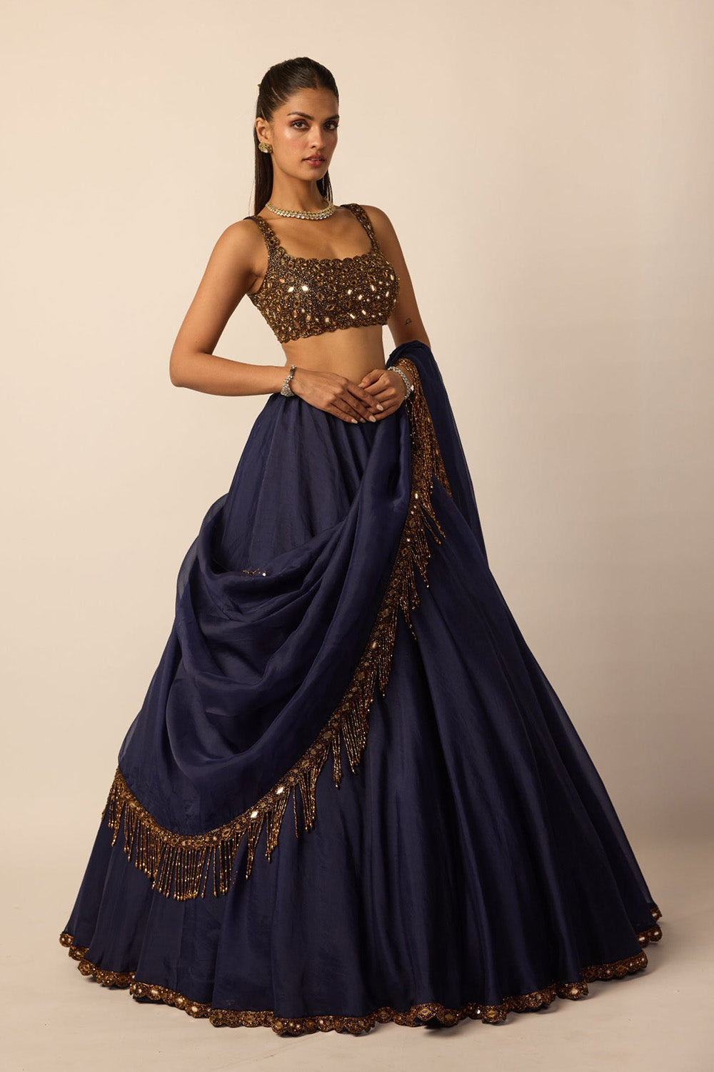 Deep Blue Tassel Dupatta Lehenga Set