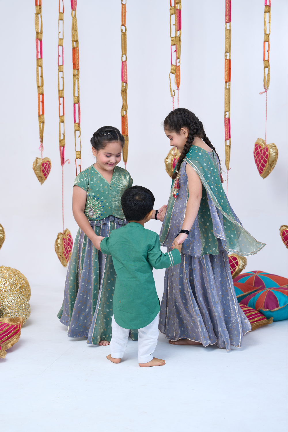 GREEN AND GREY BANDHANI SHARARA