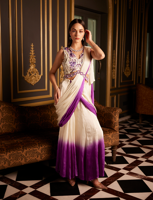 CY Saadgi Nagpal Purple Haze Ombre Drape Saree Front 1