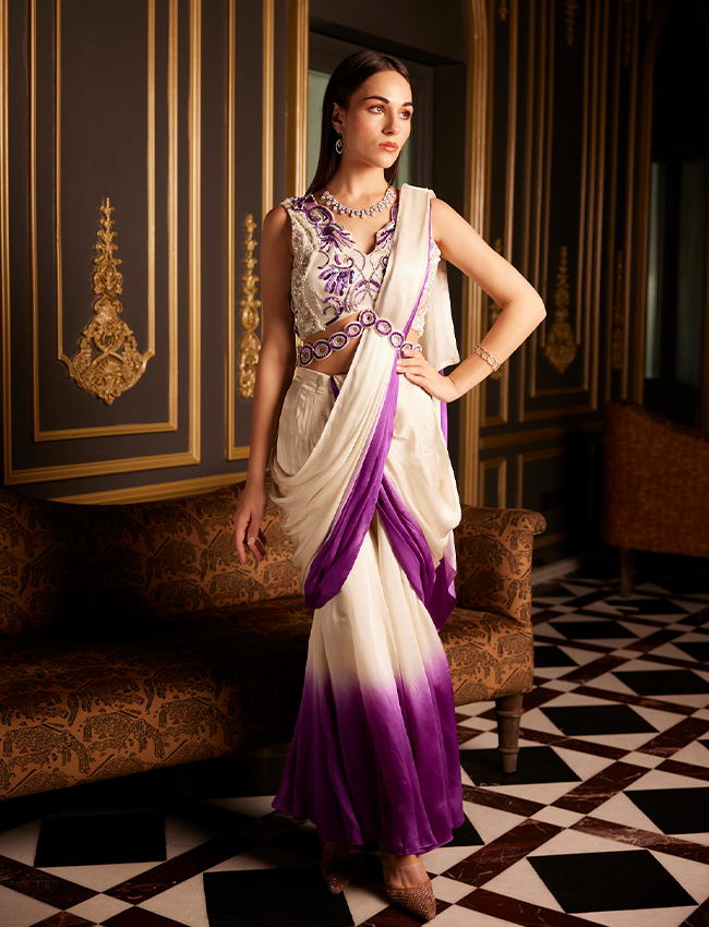 CY Saadgi Nagpal Purple Haze Ombre Drape Saree Front 2
