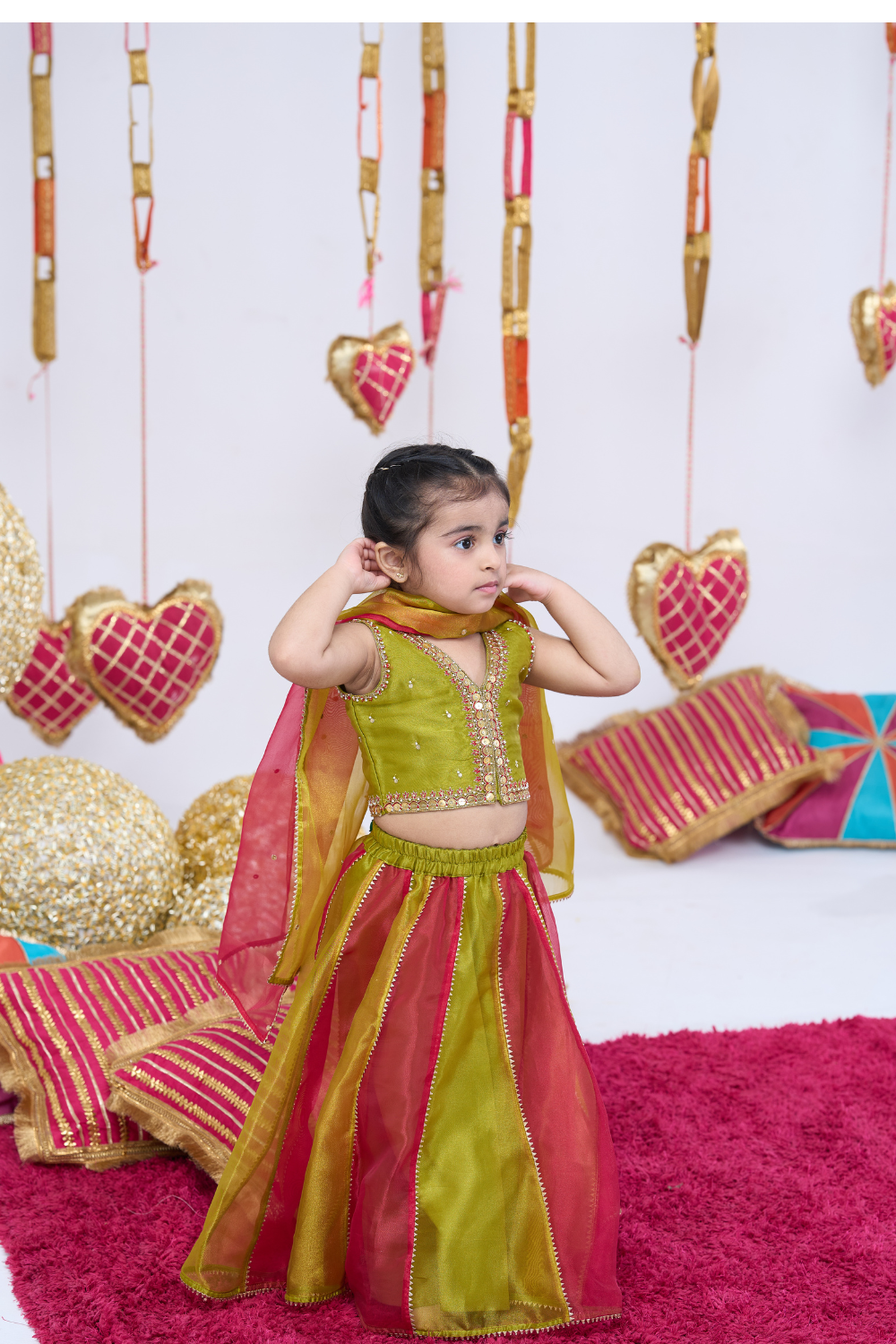 RED AND GREEN METAL WORK LEHENGA