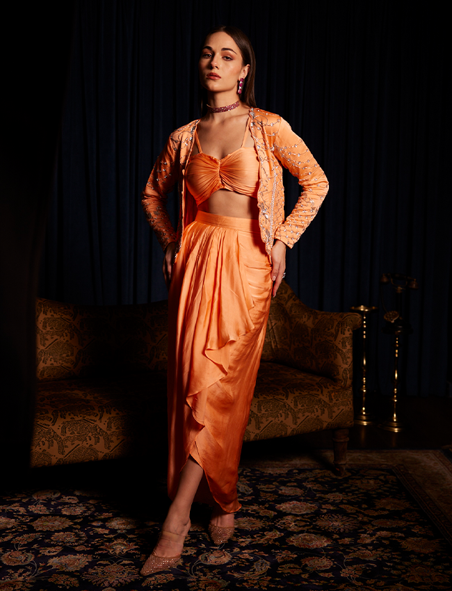 CY Saadgi Nagpal Saffron Sun Pleated Trio Set Front 1