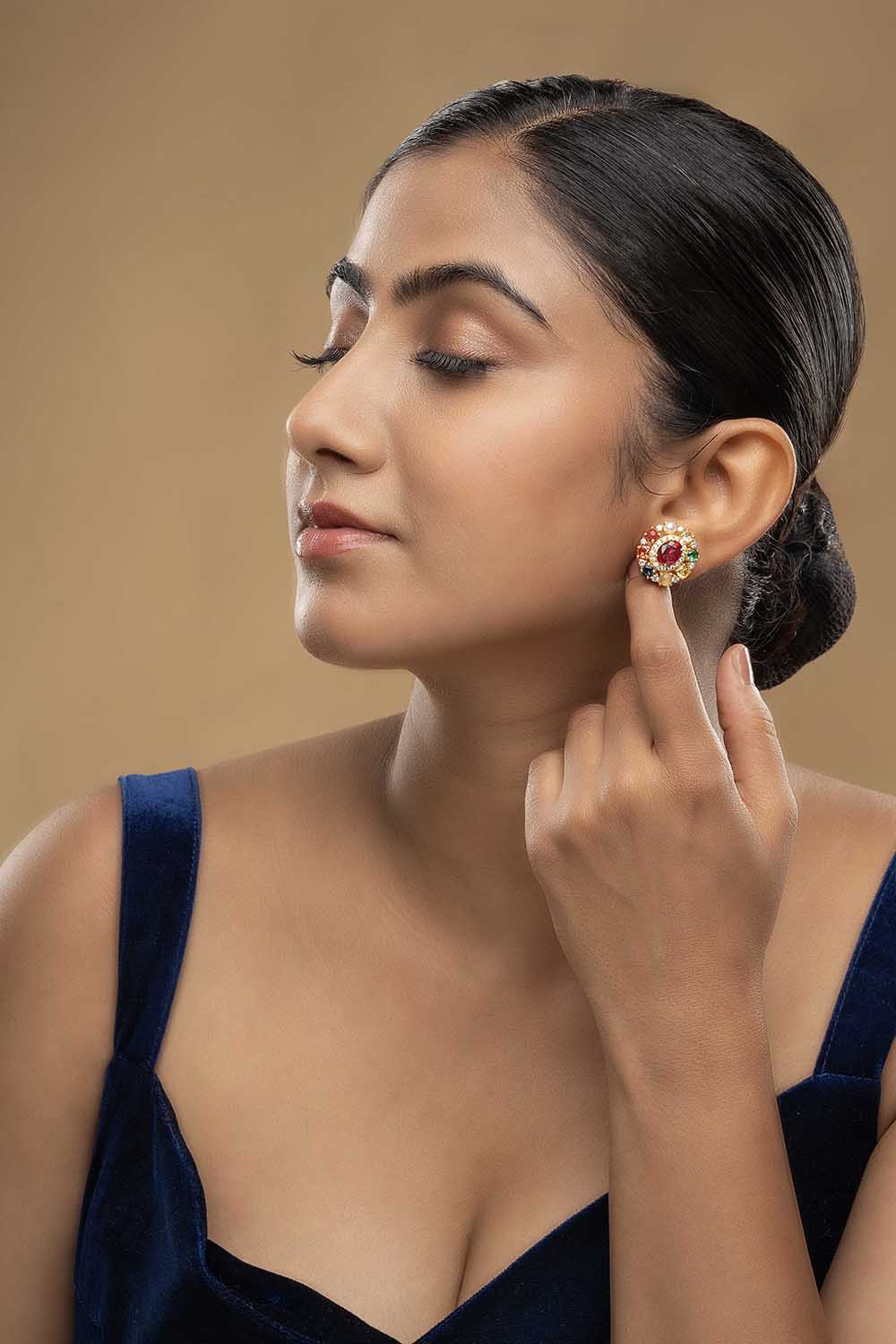 925 Silver Moissanite Polki Navratna Earrings
