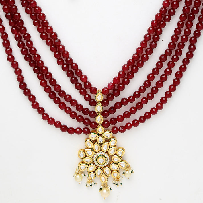 Long Maroon Kundan Neckpiece With Kundan Earrings