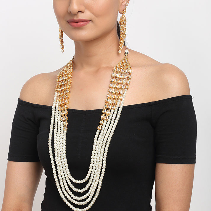 Layered Pearl Kundan Neckpiece With Earrings
