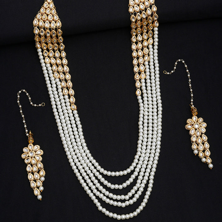 Layered Pearl Kundan Neckpiece With Earrings