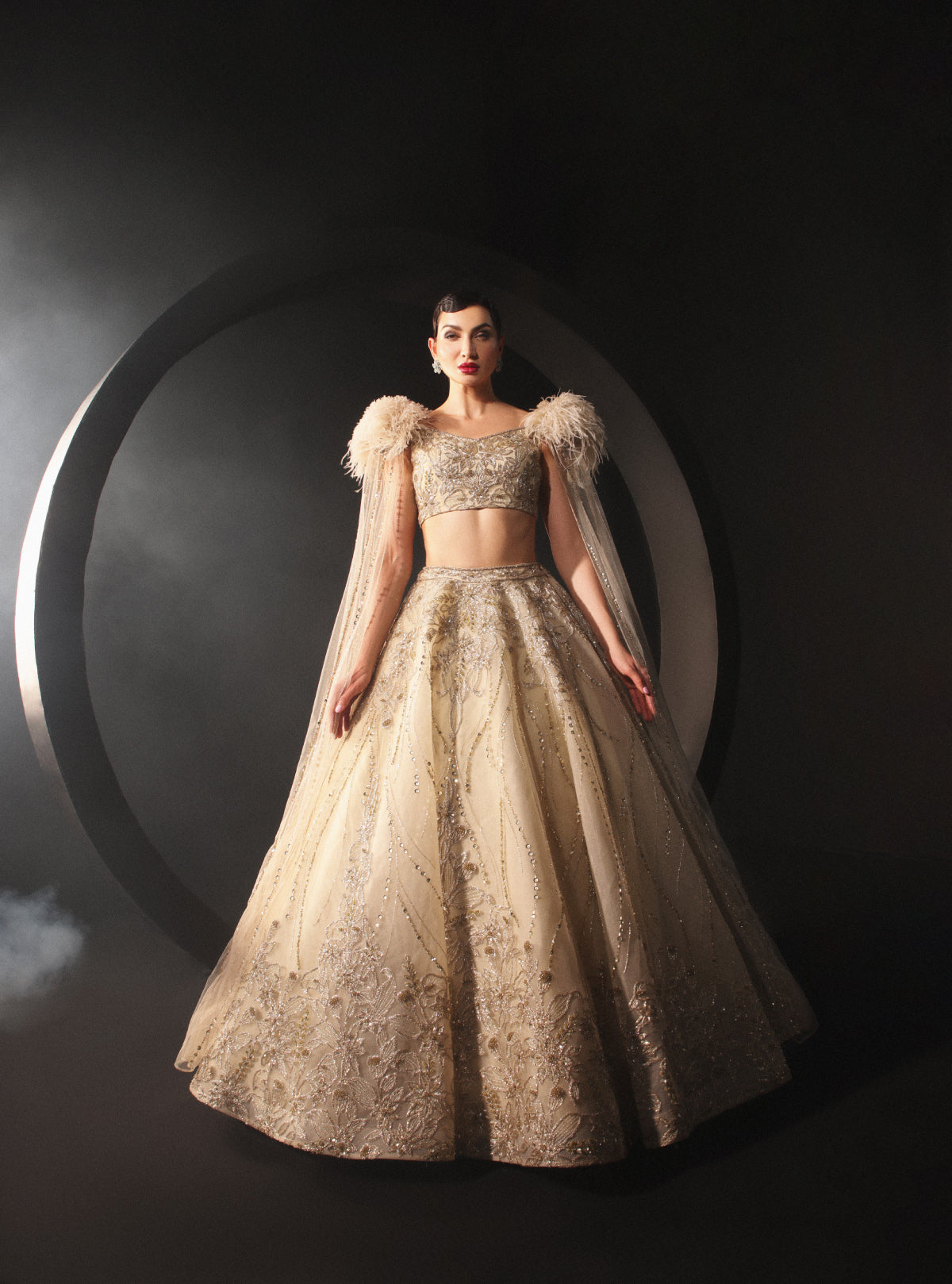 An Embroidered Lehenga With a Floral Motive And Feather Sleeves