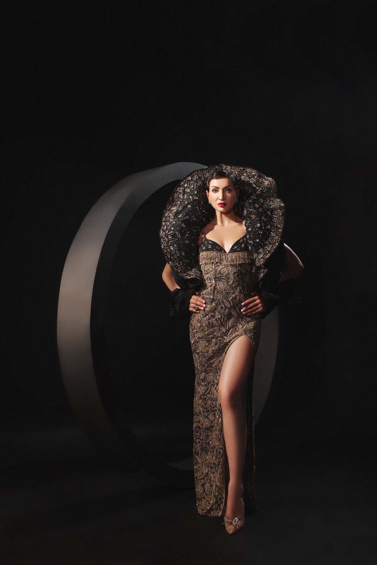 Golden Embroidered Black Gown With Thigh-High Slit & Cape