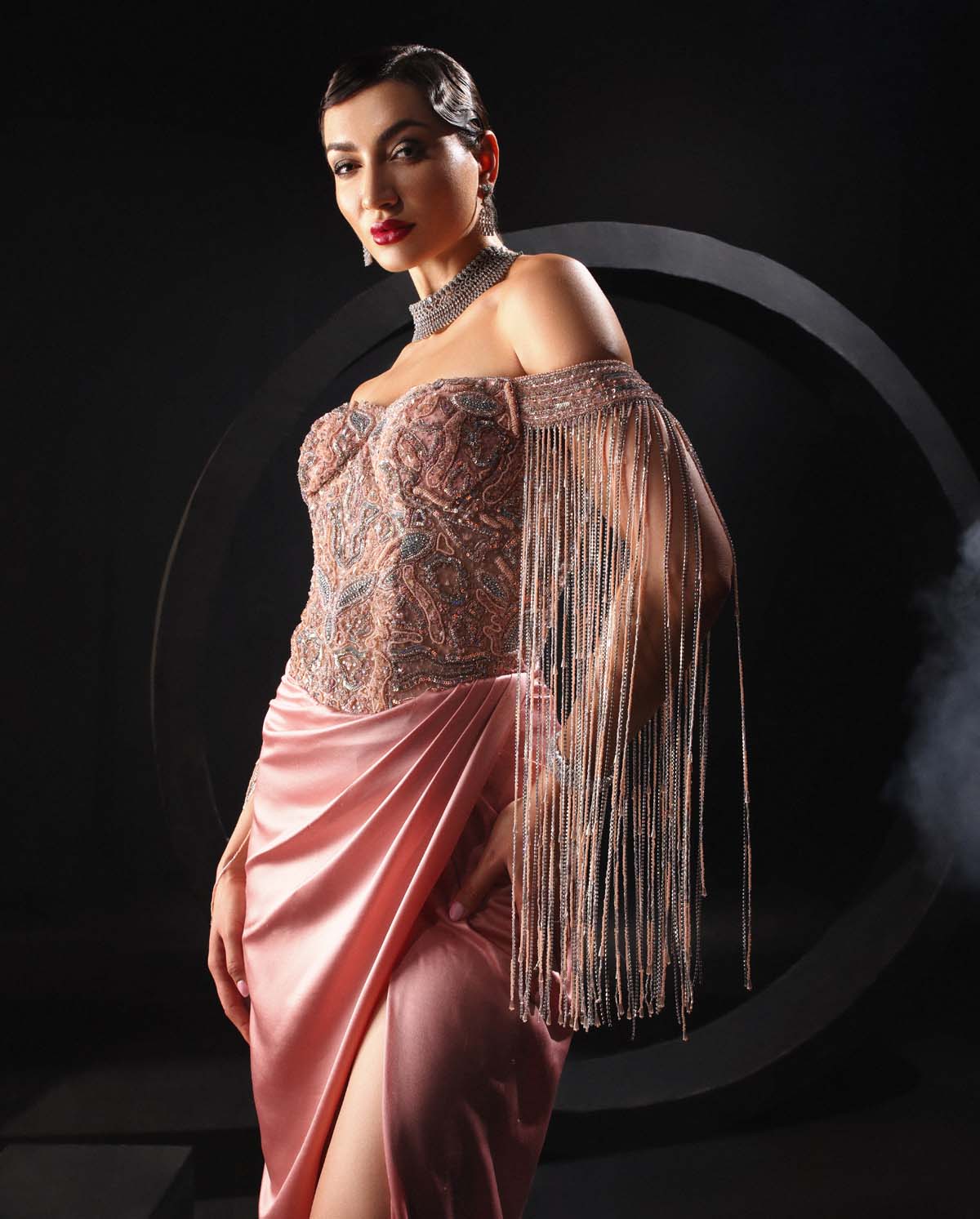 Exquisite Satin Gown with Hand-Embroidery & Tassels