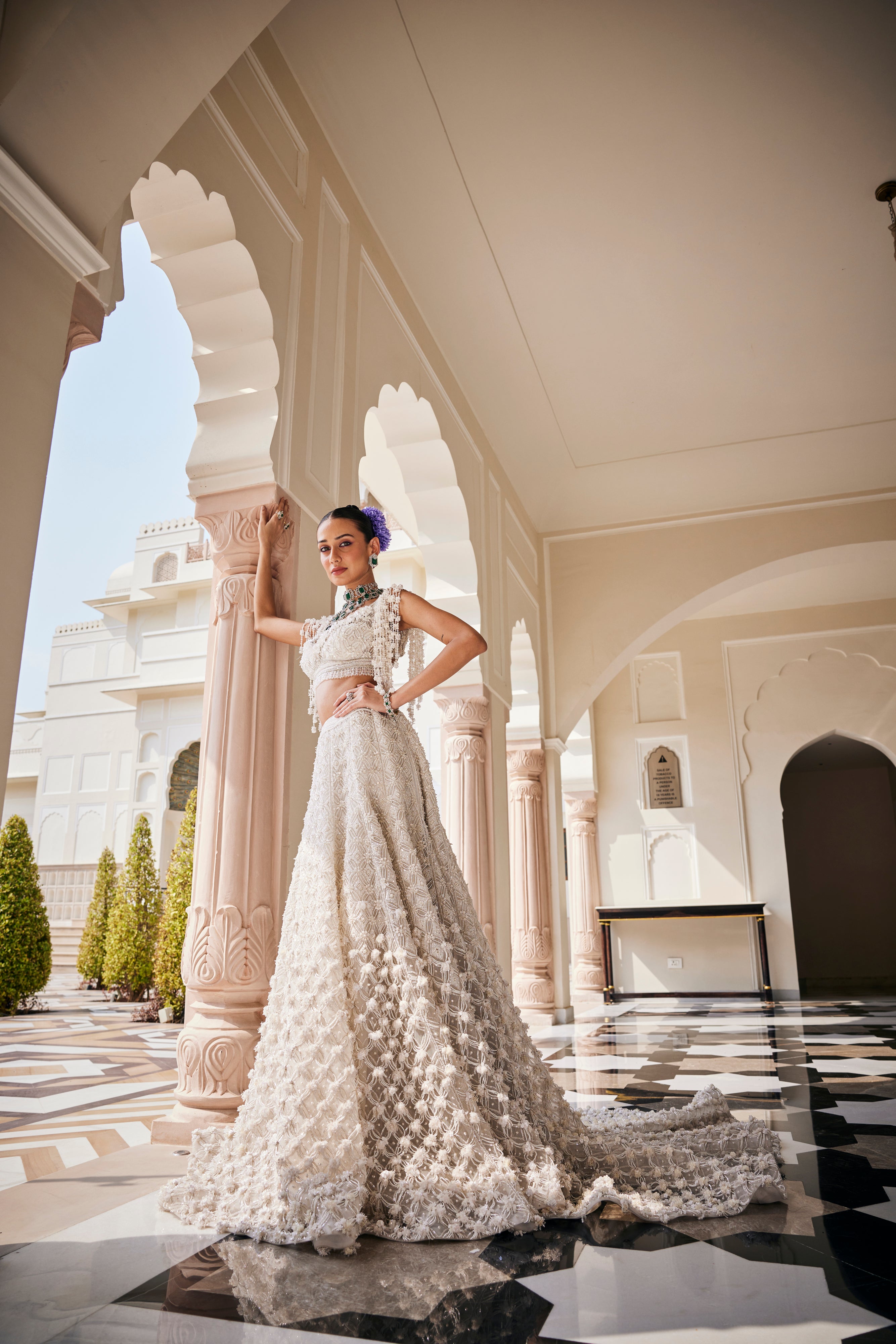 CY Amit GT Pearl Embellished White Lehenga Set With Veil Side 1