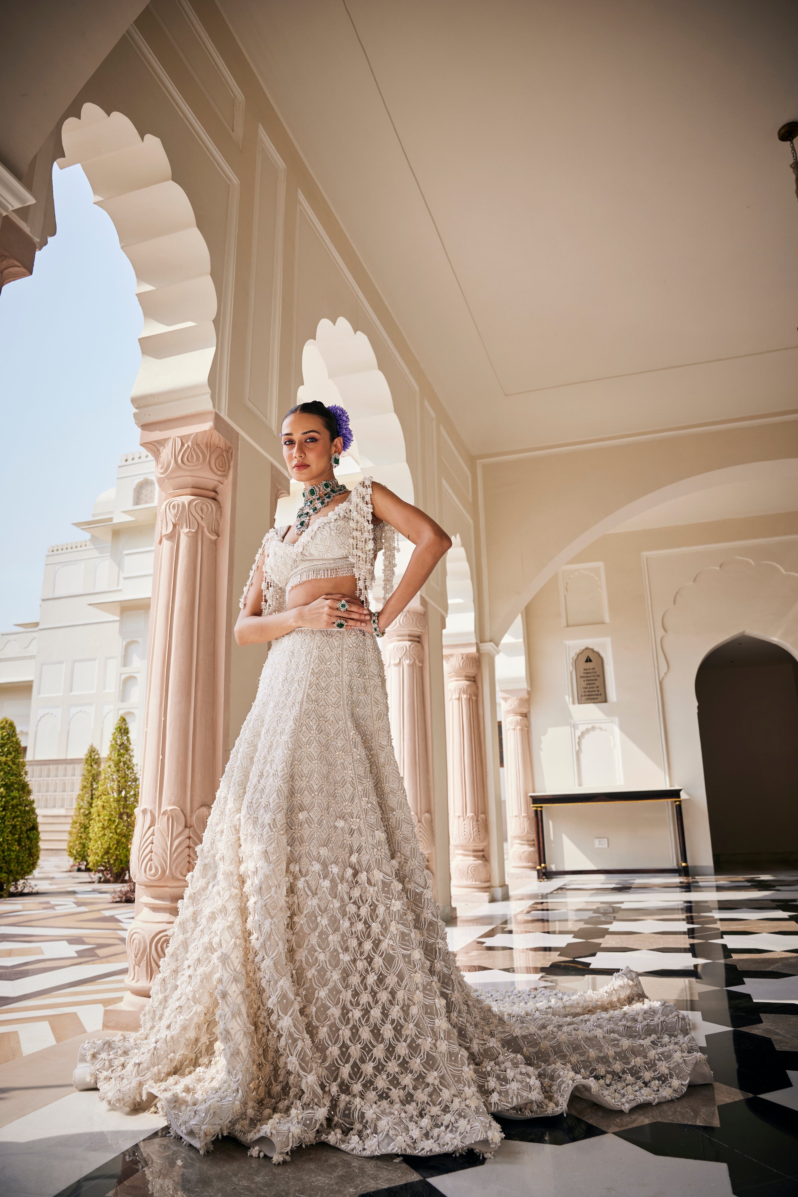 CY Amit GT Pearl Embellished White Lehenga Set With Veil Side 2