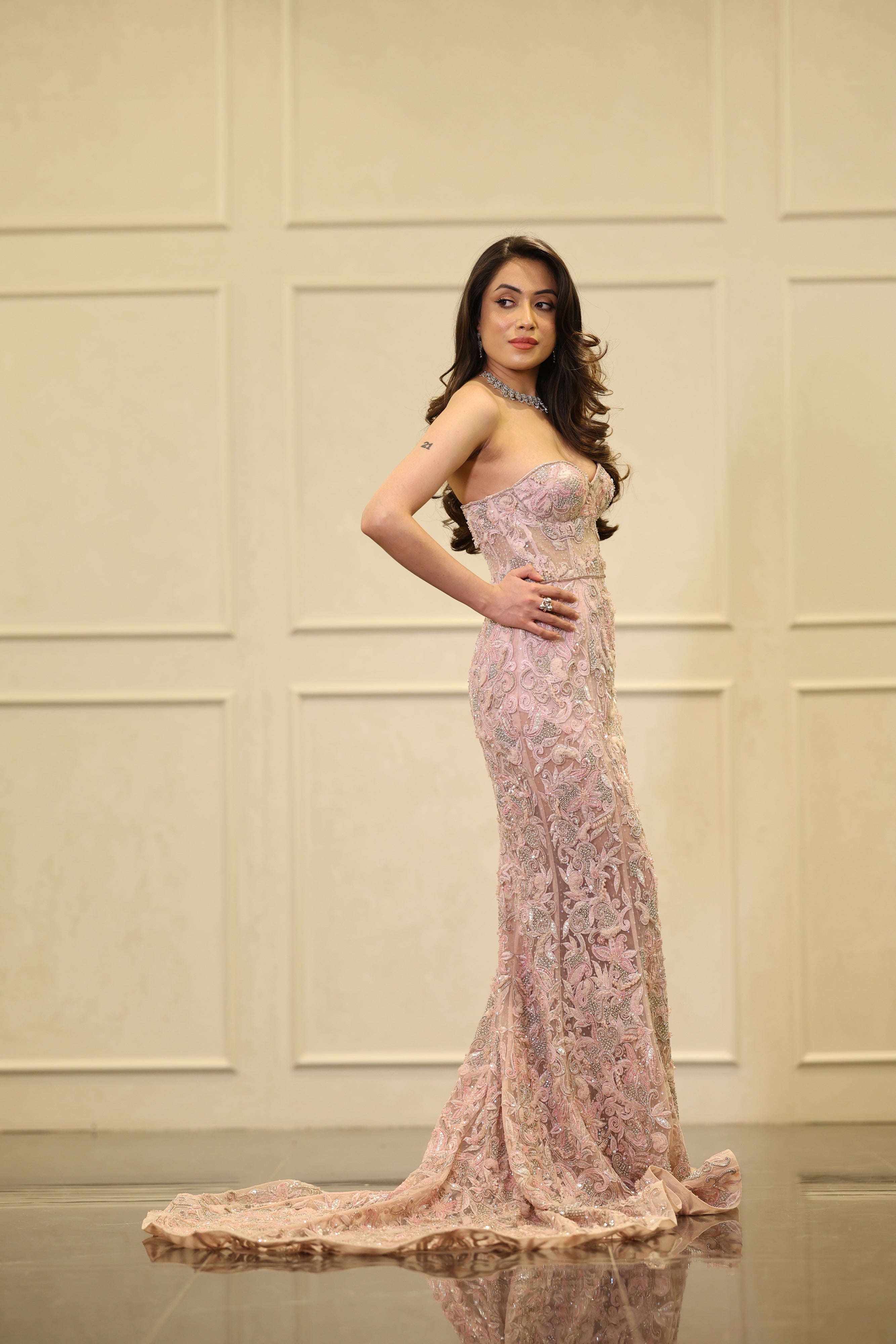 CY Amit GT Embroidered Fish Cut Gown With 3D Flower Cape Closeup 1