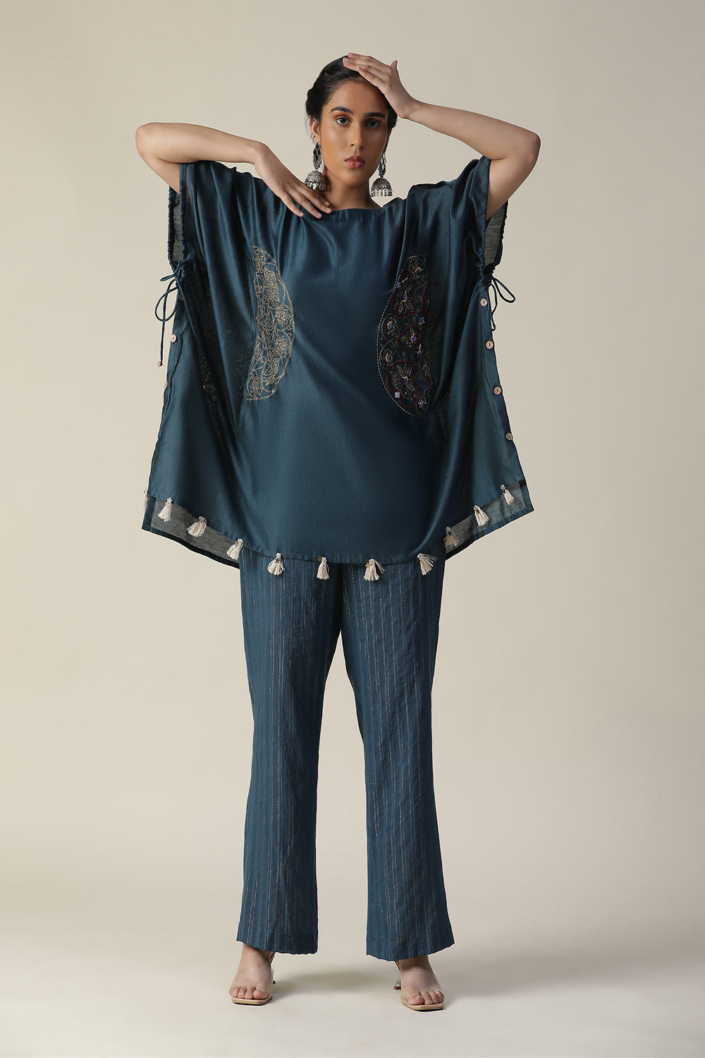 Prussian Blue Embroidered Short Kaftan Cord Set - Auraya Fashion - - #tag1# - #tag2# - #tag3# - #tag3#