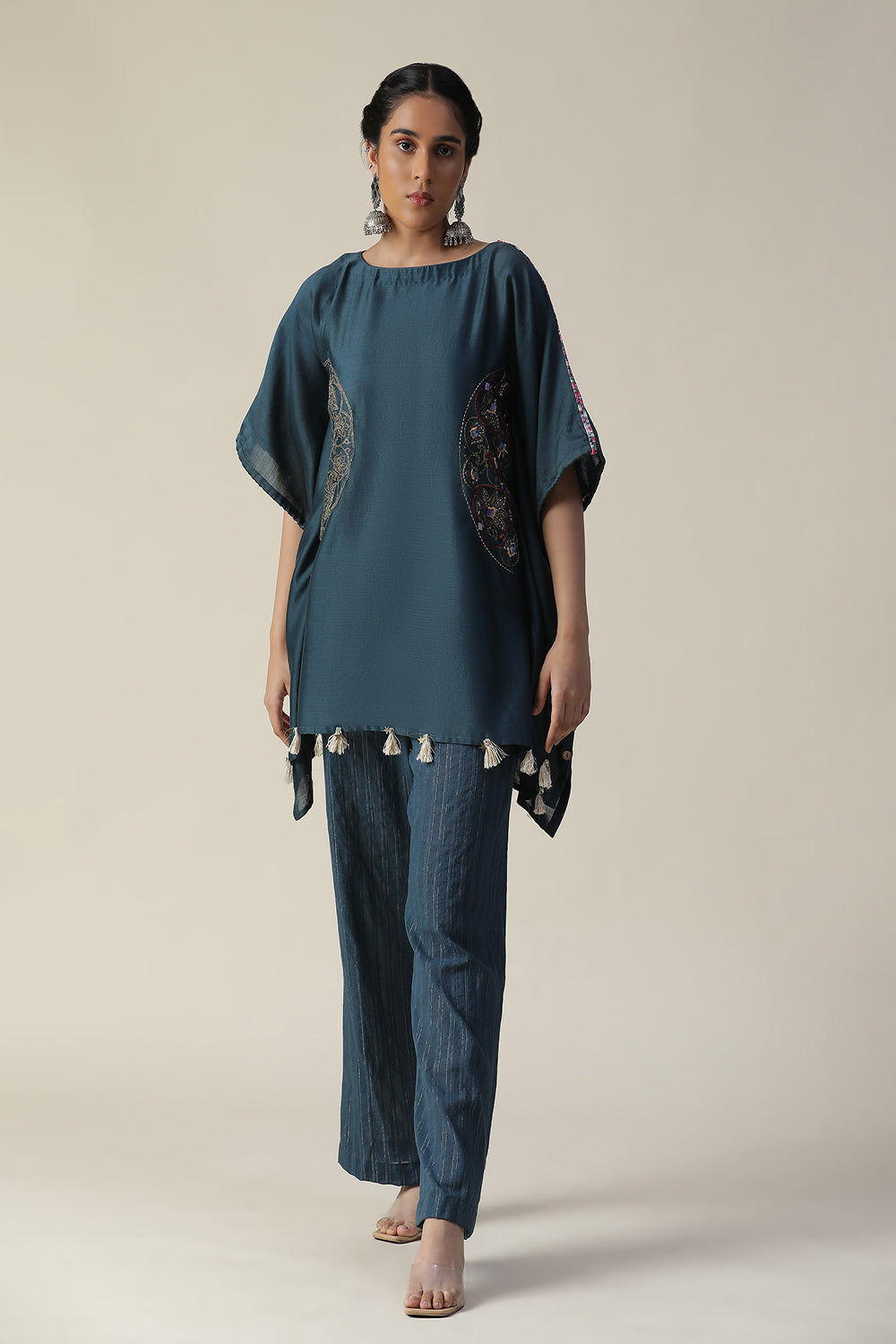 Prussian Blue Embroidered Short Kaftan Cord Set - Auraya Fashion - - #tag1# - #tag2# - #tag3# - #tag3#