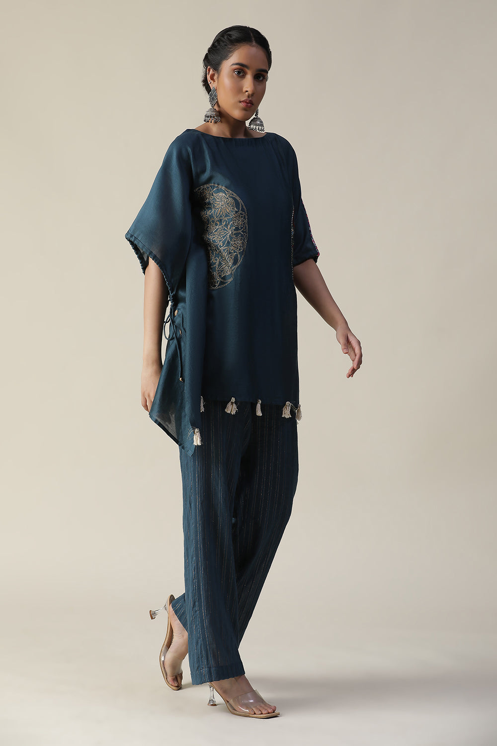 Prussian Blue Embroidered Short Kaftan Cord Set - Auraya Fashion - - #tag1# - #tag2# - #tag3# - #tag3#