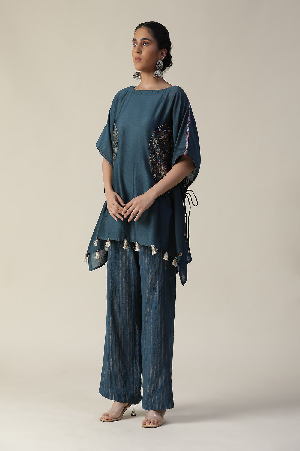 Prussian Blue Embroidered Short Kaftan Cord Set - Auraya Fashion - - #tag1# - #tag2# - #tag3# - #tag3#