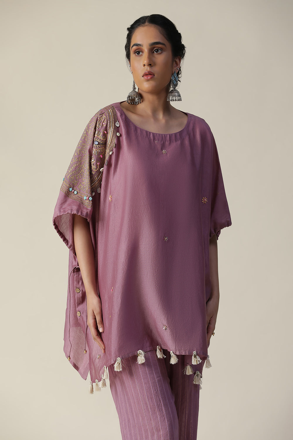 Rosy Mauve Embroidered Short Kaftan Cord Set - Auraya Fashion - - #tag1# - #tag2# - #tag3# - #tag3#