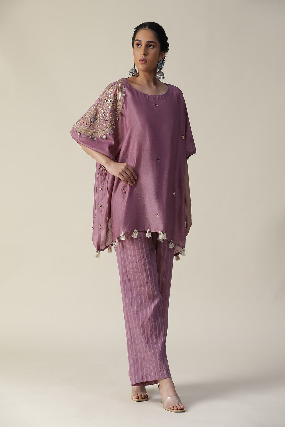 Rosy Mauve Embroidered Short Kaftan Cord Set - Auraya Fashion - - #tag1# - #tag2# - #tag3# - #tag3#