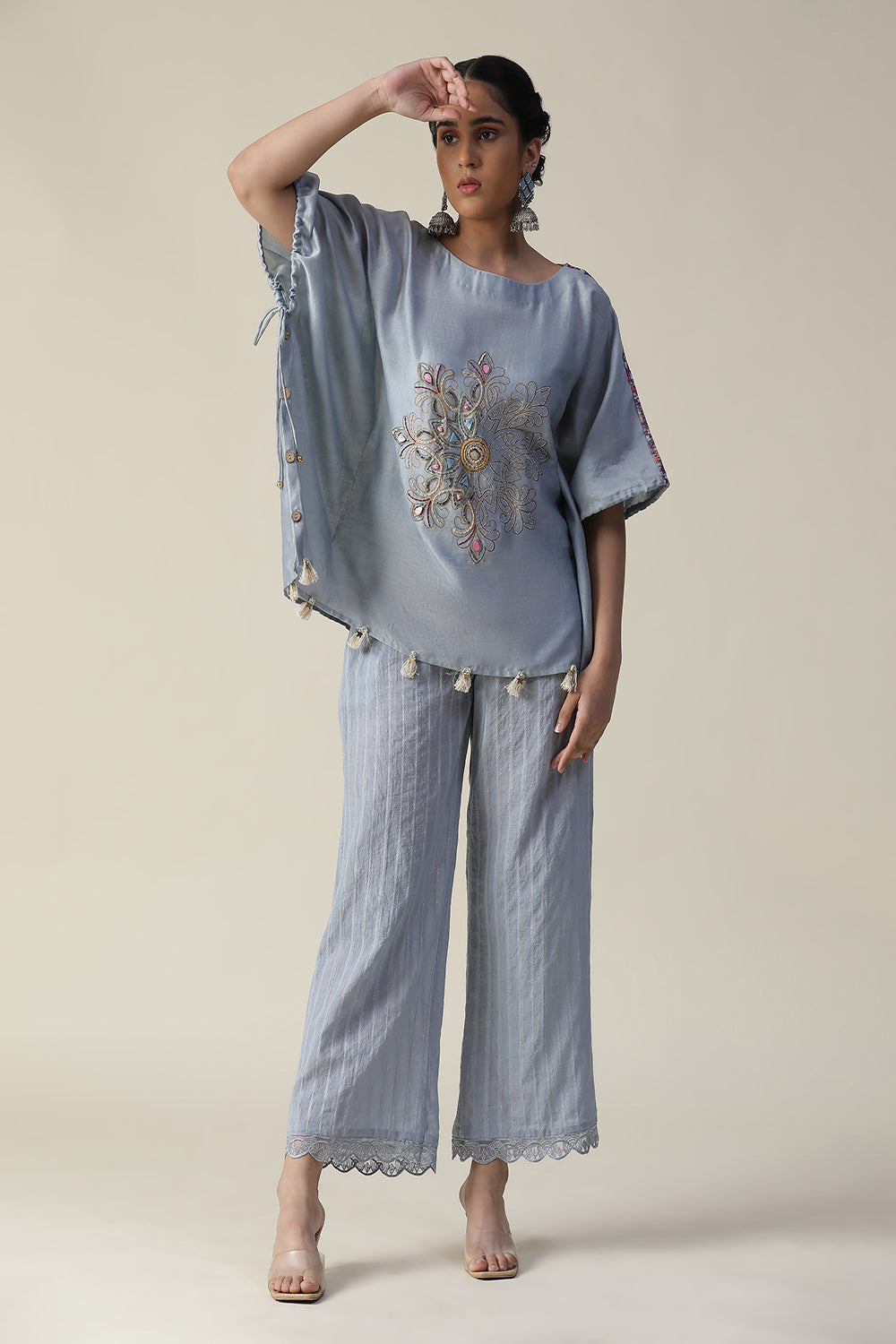 Ice Blue Embroidered Short Kaftan Cord Set - Auraya Fashion - - #tag1# - #tag2# - #tag3# - #tag3#