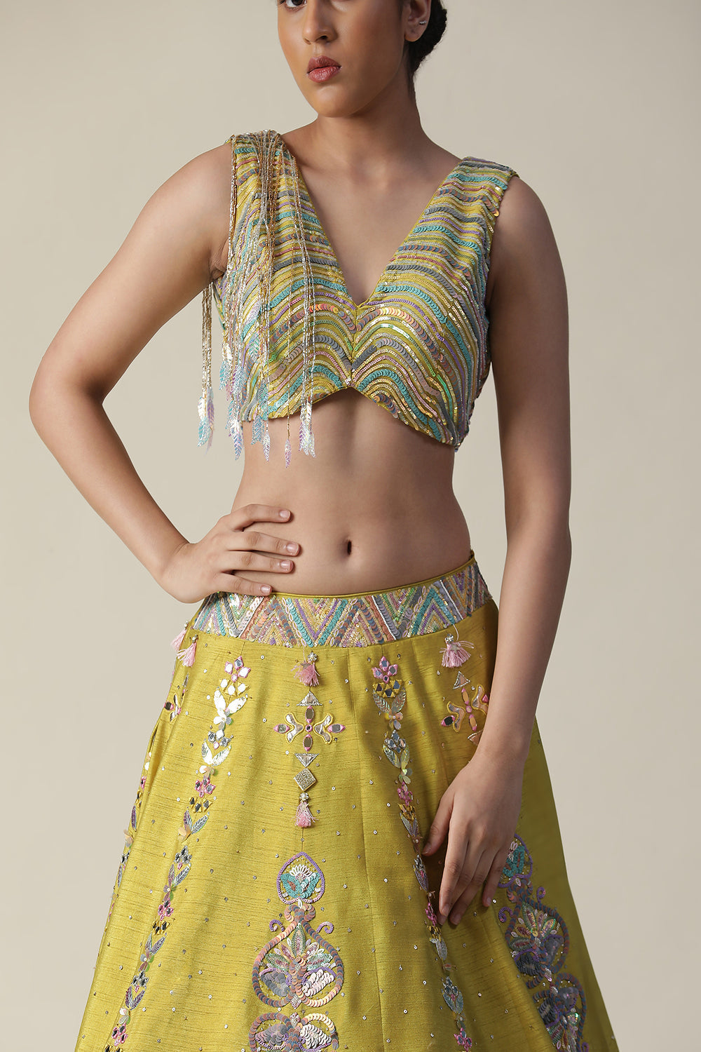 Pear Yellow Raw Silk Heavy Embroidered Lehenga Set - Auraya Fashion - - #tag1# - #tag2# - #tag3# - #tag3#