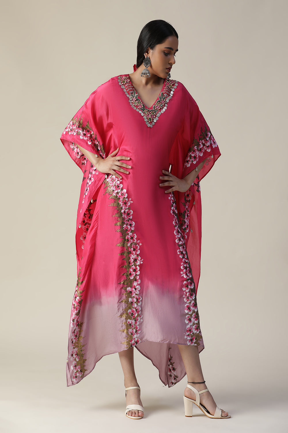 Hot Pink Hand Painted Kaftan - Auraya Fashion - - #tag1# - #tag2# - #tag3# - #tag3#