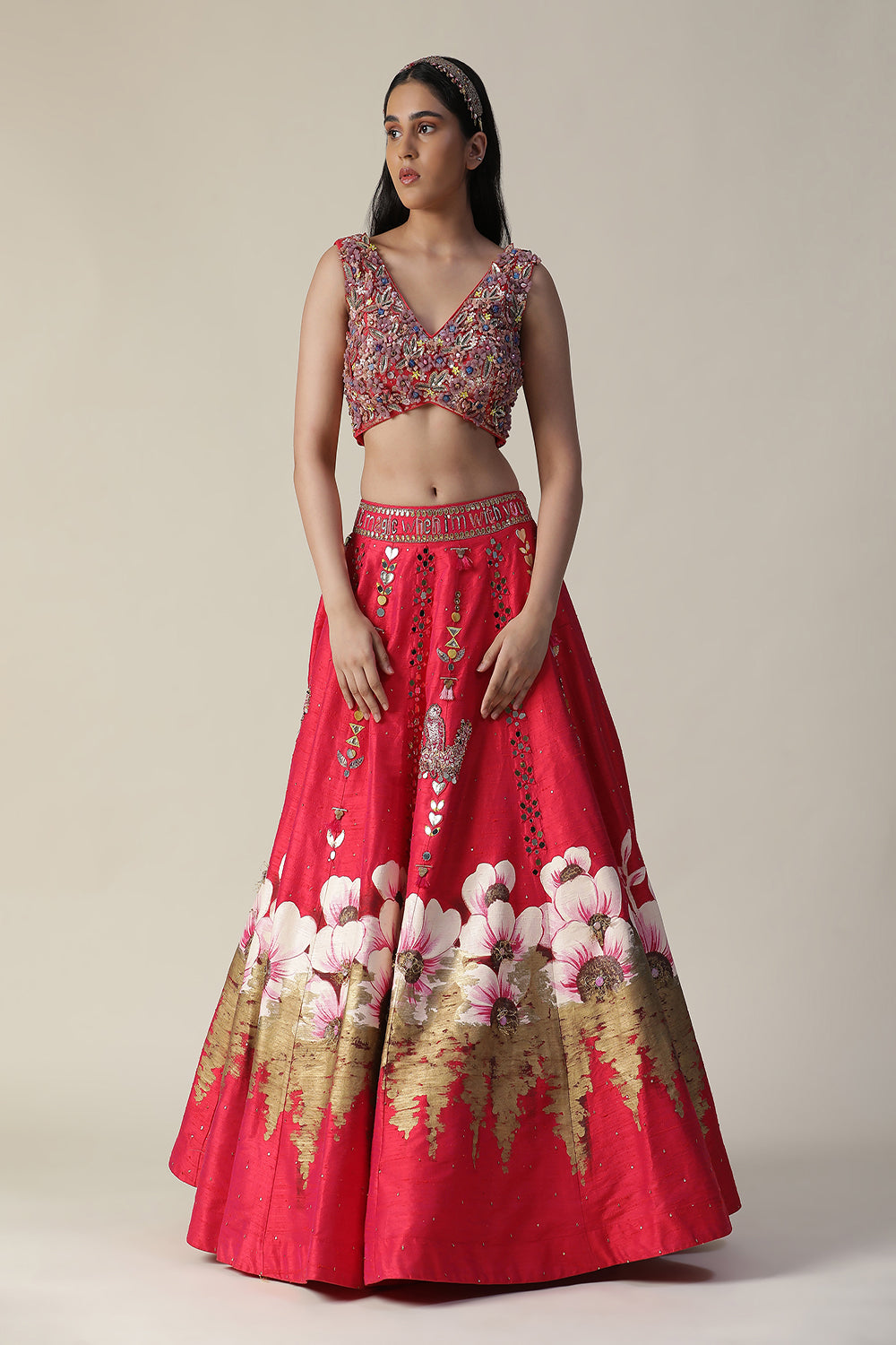 Hot Pink Raw Silk Hand Painted Flower Lehenga Set - Auraya Fashion - Arpita Sulakshana - #tag1# - #tag2# - #tag3# - #tag3#