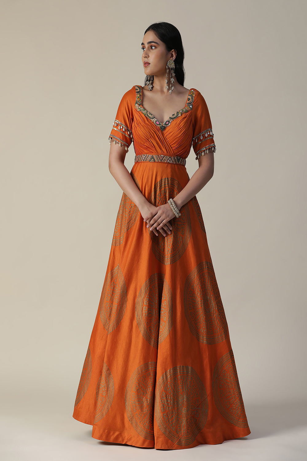Burnt Orange Foil Printed Chanderi Gown With Dupatta Set - Auraya Fashion - - #tag1# - #tag2# - #tag3# - #tag3#