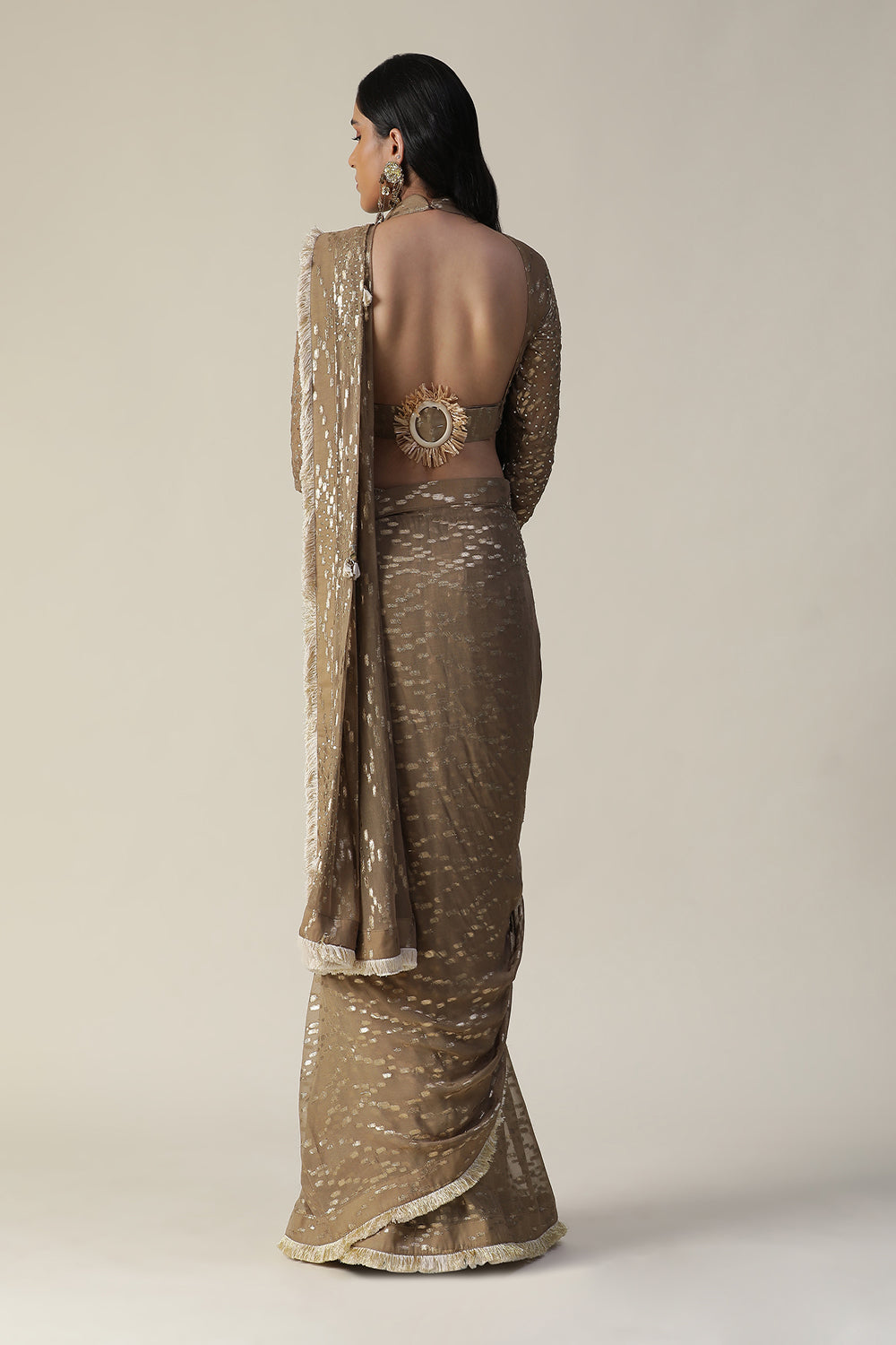 Tan Colour Pre-Draped Georgette Saree Set - Auraya Fashion - - #tag1# - #tag2# - #tag3# - #tag3#