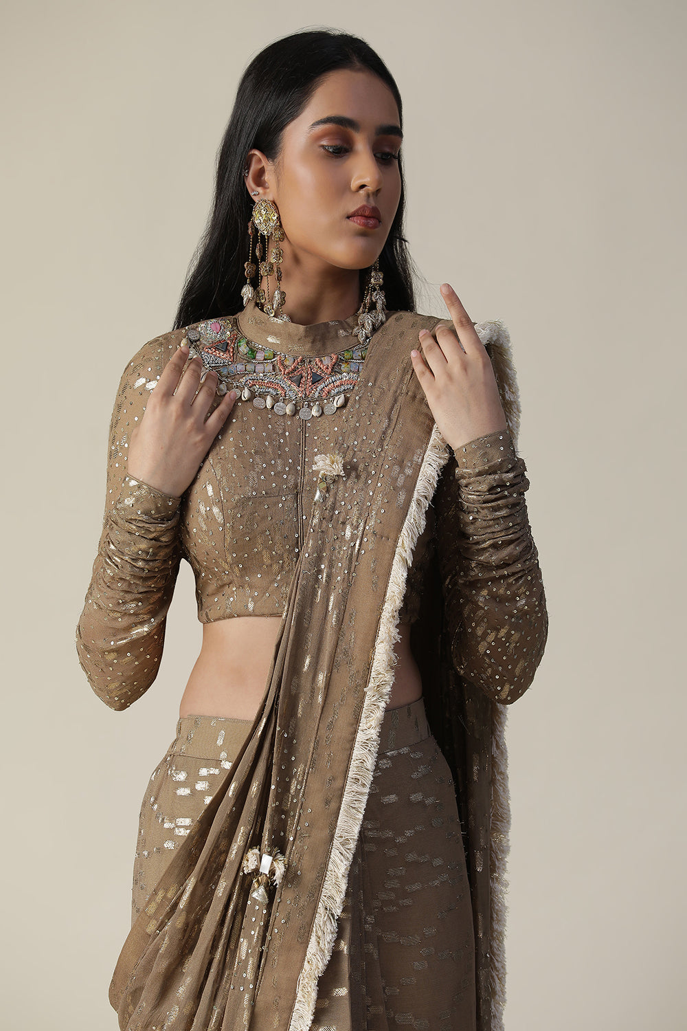 Tan Colour Pre-Draped Georgette Saree Set - Auraya Fashion - - #tag1# - #tag2# - #tag3# - #tag3#