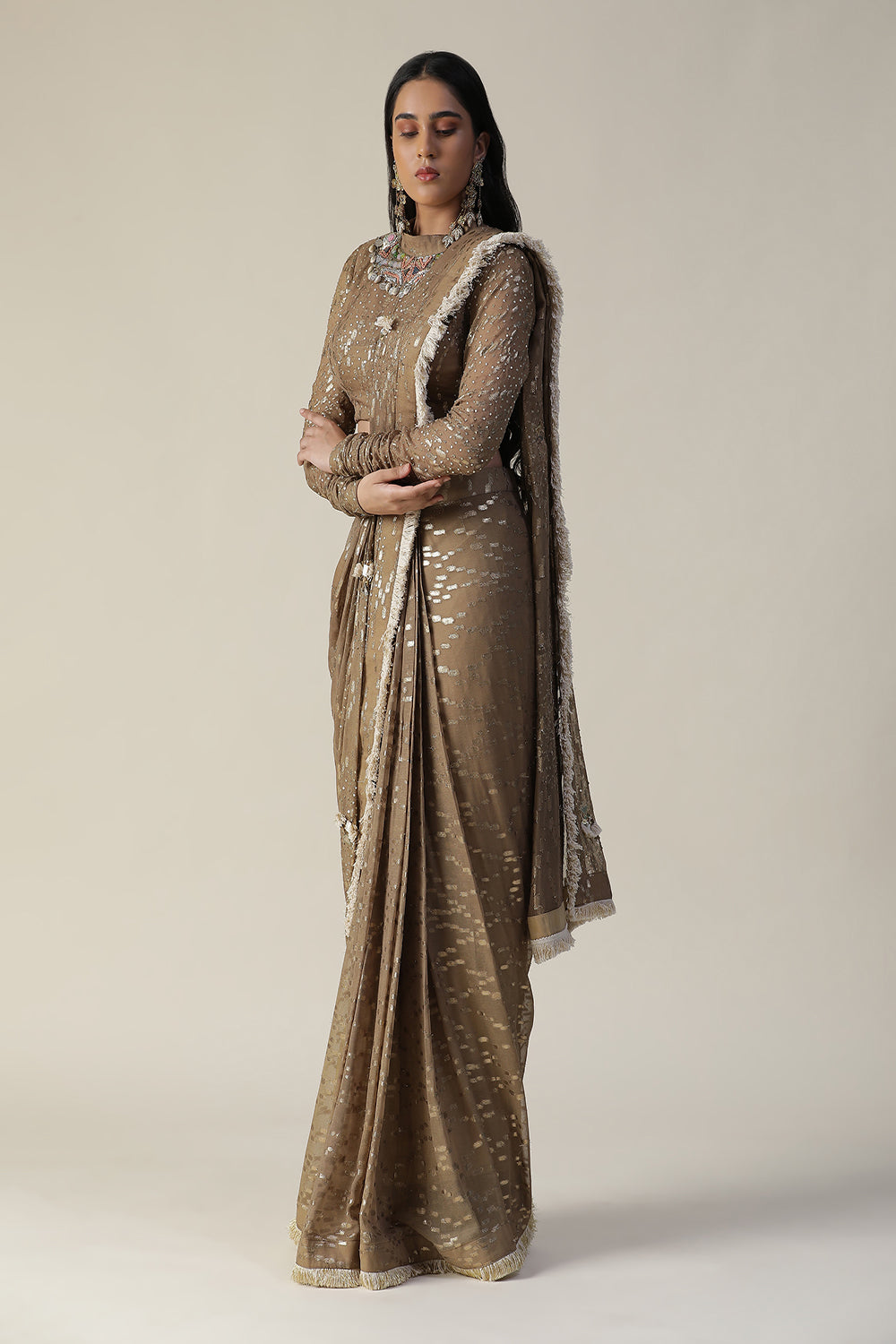 Tan Colour Pre-Draped Georgette Saree Set - Auraya Fashion - - #tag1# - #tag2# - #tag3# - #tag3#