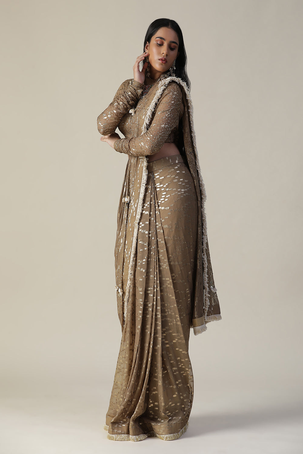 Tan Colour Pre-Draped Georgette Saree Set - Auraya Fashion - - #tag1# - #tag2# - #tag3# - #tag3#
