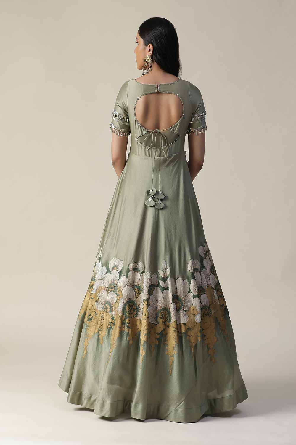Pista Green Hand Painted Embroidered Chanderi Gown With Dupatta Set - Auraya Fashion - - #tag1# - #tag2# - #tag3# - #tag3#