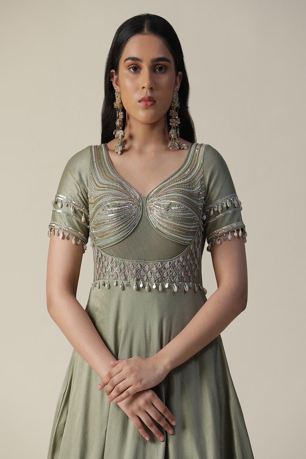 Pista Green Hand Painted Embroidered Chanderi Gown With Dupatta Set - Auraya Fashion - - #tag1# - #tag2# - #tag3# - #tag3#