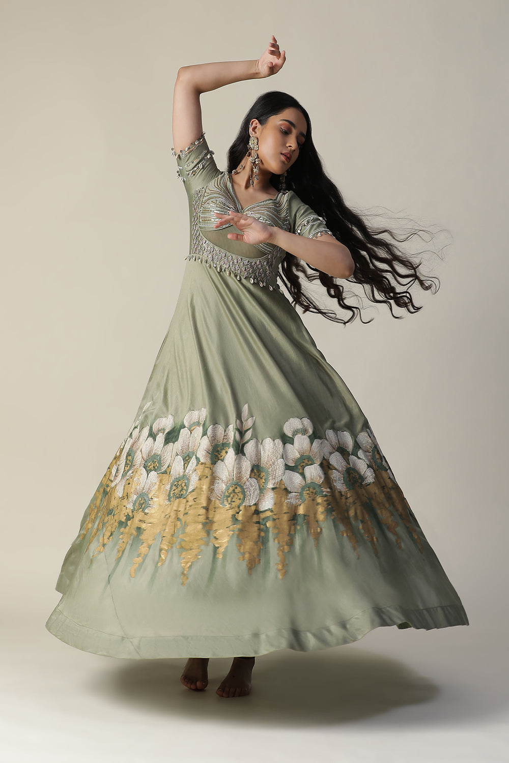 Pista Green Hand Painted Embroidered Chanderi Gown With Dupatta Set - Auraya Fashion - - #tag1# - #tag2# - #tag3# - #tag3#