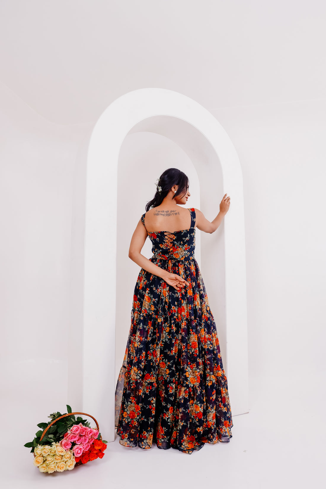 Ruhi Black Floral Printed Long Dress-Back-2