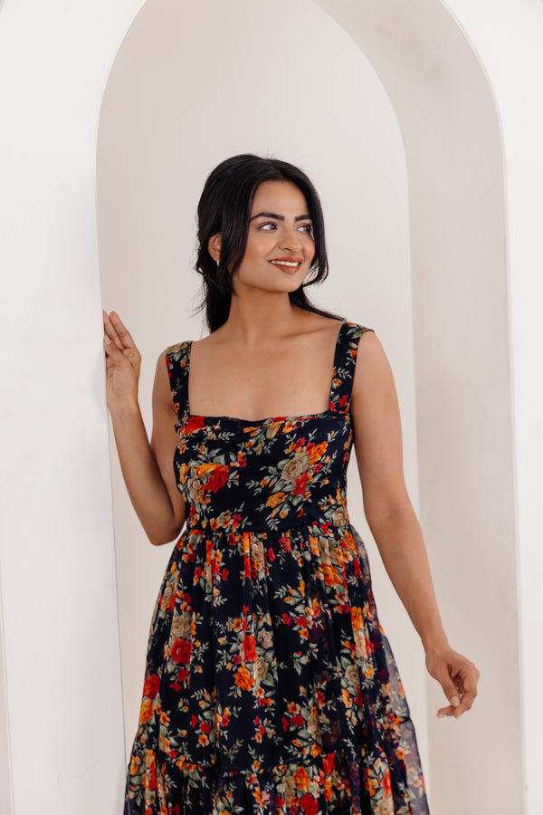 Ruhi Black Floral Printed Long Dress-Back-1