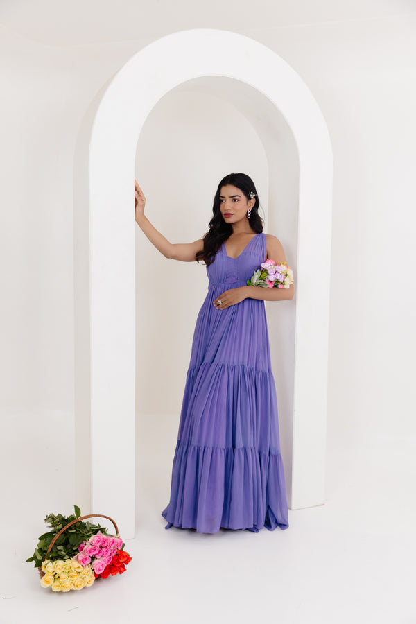 lavender grey maxi dress Berylove Women Grey Purple A Line Maxi Dress V Neck Embroidered Chiffon Wedding Party Guest Dress with Long Sleeves, Grey Purple / XL main image 1
