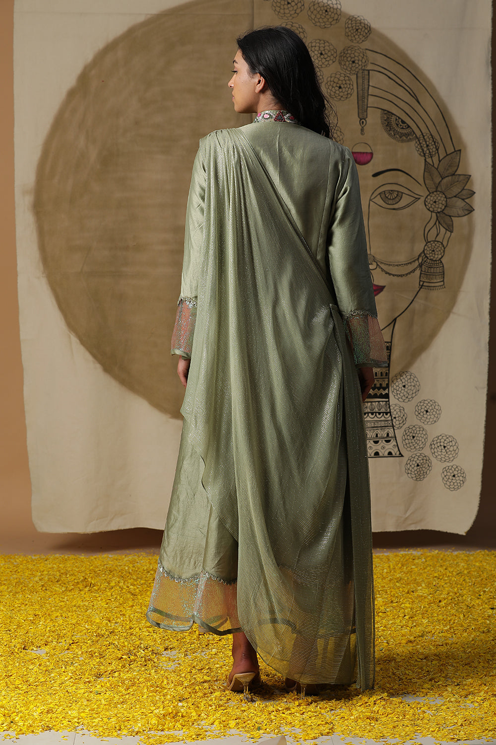 Pista Green Cowl Drape Set - Auraya Fashion - - #tag1# - #tag2# - #tag3# - #tag3#